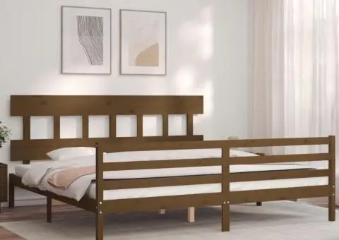 Cadru pat cu tăblie, maro miere, 200x200 cm, lemn masiv - 3/5