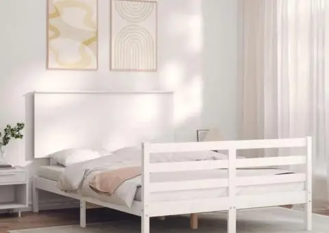 Cadru de pat cu tăblie, alb, 120x200 cm, lemn masiv - 1/5