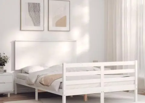 Cadru de pat cu tăblie, alb, 120x200 cm, lemn masiv - 3/5