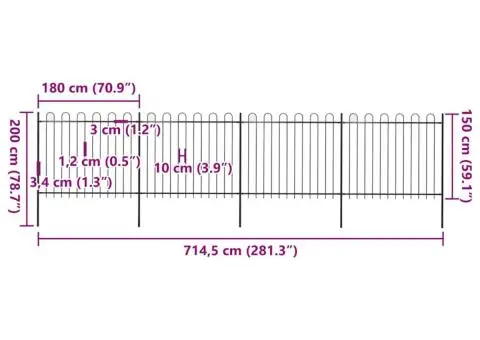 Gard de grădină cu vârf curbat, negru, 6,8 m, oțel - 5/5