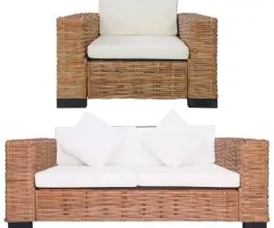 vidaXL Set canapea cu perne, 2 piese, ratan natural