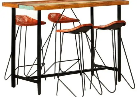 Set mobilier de bar, 5 piese, lemn reciclat și piele naturală - 1/5