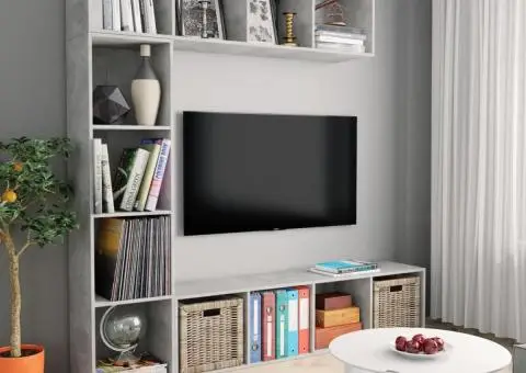 Set bibliotecă/comodă TV, 3 piese, gri beton, 180x30x180 cm - 1/5