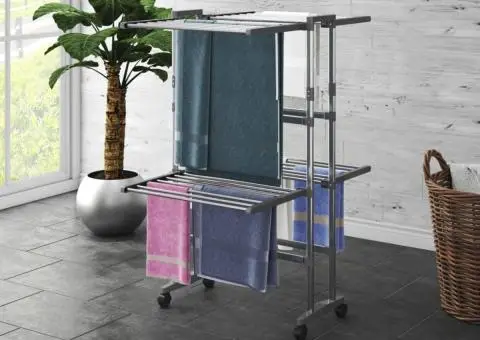 Suport uscare rufe, 2 niveluri, cu roți, argintiu, 60x70x106 cm - 1/5