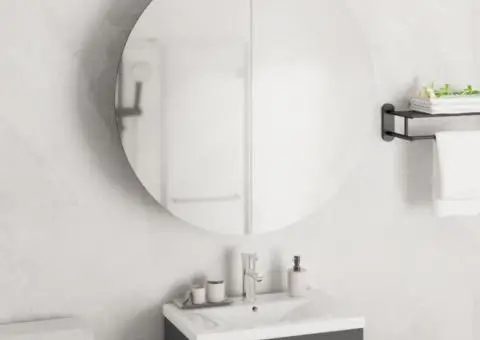 Dulap de baie cu oglindă rotundă și LED, alb, 54x54x17,5 cm - 1/5