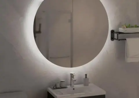 Dulap de baie cu oglindă rotundă și LED, alb, 54x54x17,5 cm - 3/5