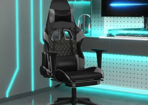 Scaun de gaming cu masaj/suport picioare, negru/gri, piele eco - 1/5