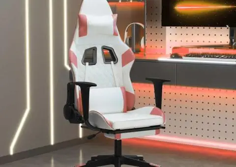 Scaun gaming de masaj/suport picioare, alb/roz, piele ecologică - 1/5