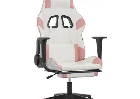 Scaun gaming de masaj/suport picioare, alb/roz, piele ecologică - 2/5