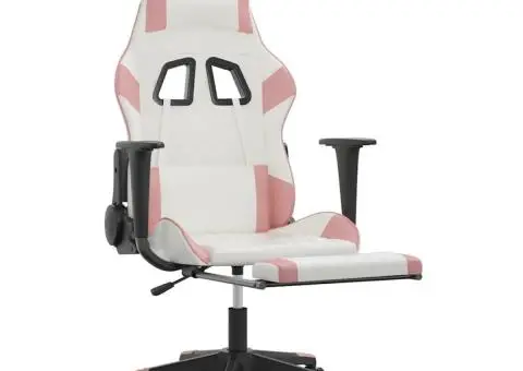 Scaun gaming de masaj/suport picioare, alb/roz, piele ecologică - 3/5