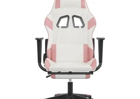 Scaun gaming de masaj/suport picioare, alb/roz, piele ecologică - 4/5