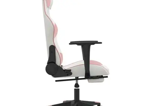 Scaun gaming de masaj/suport picioare, alb/roz, piele ecologică - 5/5
