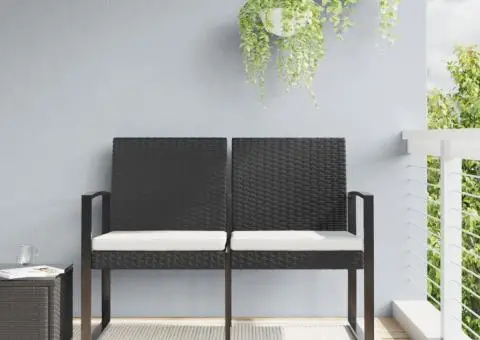 Bancă de grădină cu 2 locuri, cu perne, negru, PP ratan - 1/5