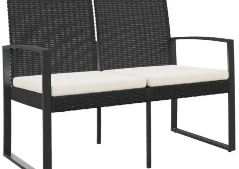 Bancă de grădină cu 2 locuri, cu perne, negru, PP ratan - 2/5