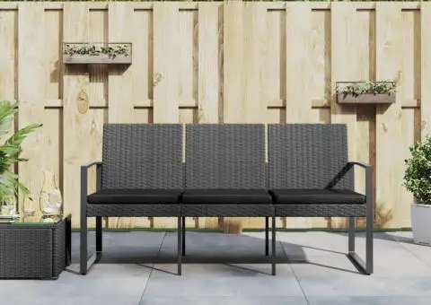 Bancă de grădină cu 3 locuri, cu perne, gri închis, ratan PP - 1/5