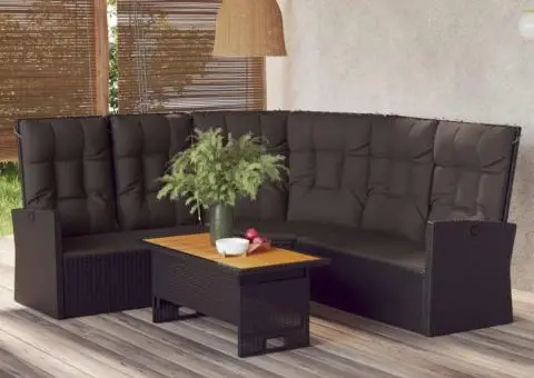 Canapea de colț rabatabilă cu perne, negru, poliratan - 1/5