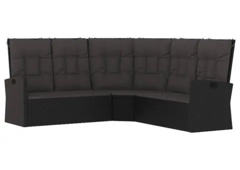 Canapea de colț rabatabilă cu perne, negru, poliratan - 2/5