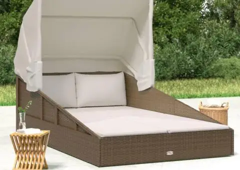 Șezlong cu acoperiș pliabil, maro, 200x114x128 cm, poliratan - 1/5