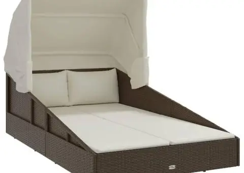 Șezlong cu acoperiș pliabil, maro, 200x114x128 cm, poliratan - 2/5