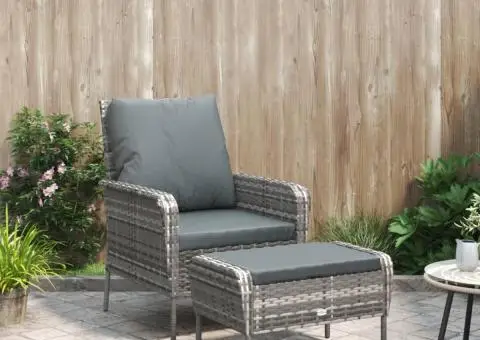 Scaun de grădină cu taburet, gri, poliratan - 1/5