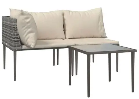 Set mobilier de grădină cu perne, 3 piese, gri, poliratan - 3/5