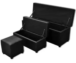 Set banchetă depozitare, piele eco, taburet pt. picioare, negru, 3 buc