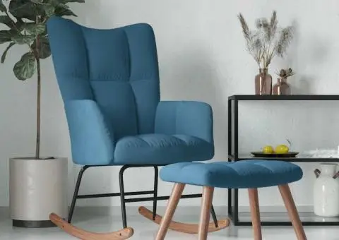 Scaun balansoar cu taburet, albastru, catifea - 1/5