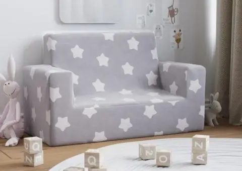 Canapea pentru copii 2 locuri, gri deschis cu stele, pluș moale - 1/5