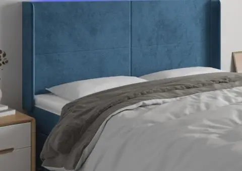 Tăblie de pat cu LED, albastru închis, 203x16x118/128cm catifea - 1/5