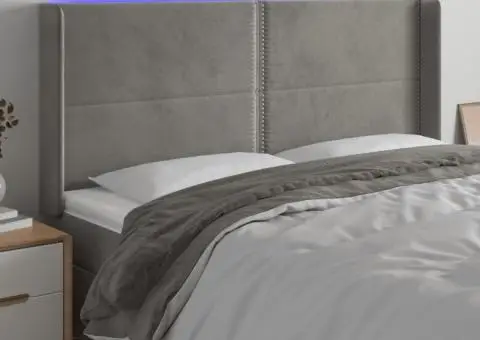 Tăblie de pat cu LED, gri deschis, 163x16x118/128 cm, catifea - 1/5