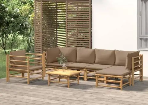 Set mobilier de grădină cu perne gri taupe, 7 piese, bambus - 1/5