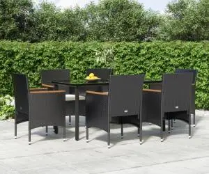 vidaXL Set de masă pentru grădină, 7 piese, cu perne, negru