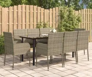 vidaXL Set mobilier de grădină cu perne, 9 piese, negru/gri, poliratan