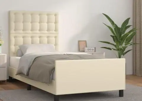 Cadru de pat cu tăblie, crem, 100x200 cm, piele ecologică - 1/5