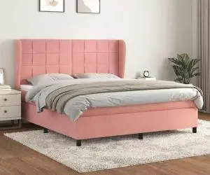 vidaXL Pat box spring cu saltea, roz, 160x200 cm, catifea
