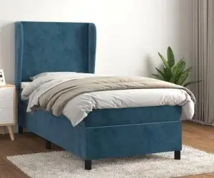 vidaXL Pat box spring cu saltea, albastru închis, 90x200 cm, catifea