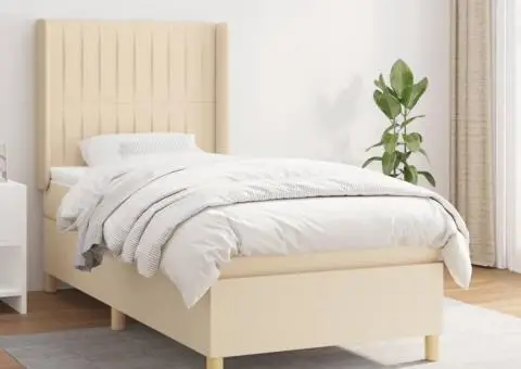 Pat box spring cu saltea, crem, 90x200 cm, textil - 1/5