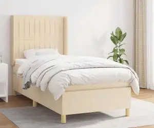 vidaXL Pat box spring cu saltea, crem, 90x200 cm, textil