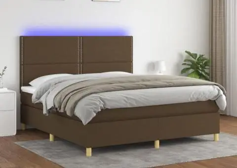 Pat cu arcuri, saltea și LED, maro închis, 160x200 cm, textil - 1/5