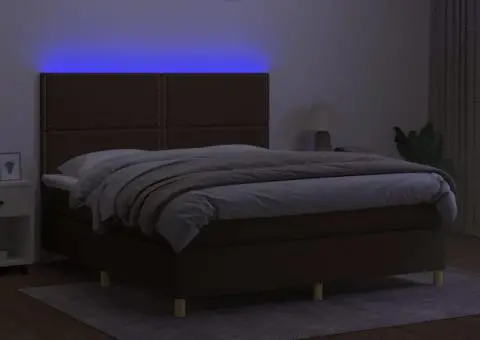 Pat cu arcuri, saltea și LED, maro închis, 160x200 cm, textil - 4/5