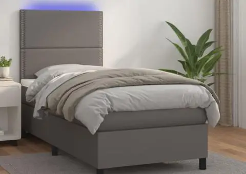 Pat cu arcuri, saltea și LED, gri, 90x190 cm, piele ecologică - 1/5