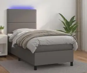 vidaXL Pat cu arcuri, saltea și LED, gri, 90x190 cm, piele ecologică