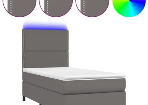 Pat cu arcuri, saltea și LED, gri, 90x190 cm, piele ecologică - 2/5