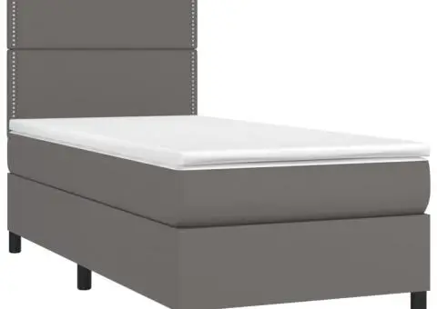 Pat cu arcuri, saltea și LED, gri, 90x190 cm, piele ecologică - 3/5