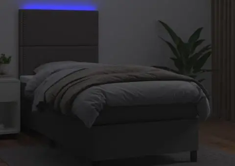 Pat cu arcuri, saltea și LED, gri, 90x190 cm, piele ecologică - 4/5