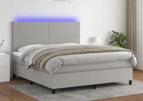 Pat cu arcuri, saltea și LED, gri deschis, 180x200 cm, textil - 1/5