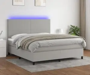 vidaXL Pat cu arcuri, saltea și LED, gri deschis, 180x200 cm, textil