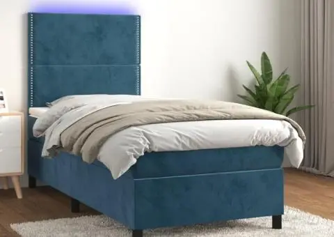 Pat cu arcuri, saltea și LED, bleumarin, 90x190 cm, catifea - 1/5