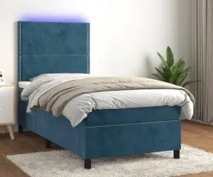 vidaXL Pat cu arcuri, saltea și LED, bleumarin, 90x190 cm, catifea