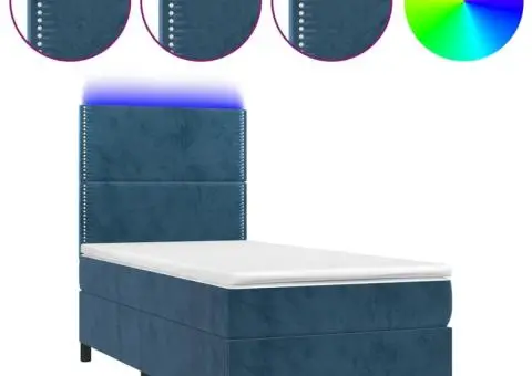 Pat cu arcuri, saltea și LED, bleumarin, 90x190 cm, catifea - 2/5
